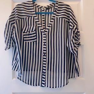 Navy and white striped polyester blouse